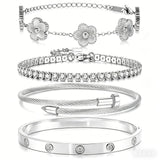 Zesnoy 18K Gold Plated Womens Stackable Floral Silver Clover Bracelets Set Love Bangle Bracelets Non Tarnish, Bracelet Set Trendy Jewelry, Gifts for Women's Day and Mother's Day