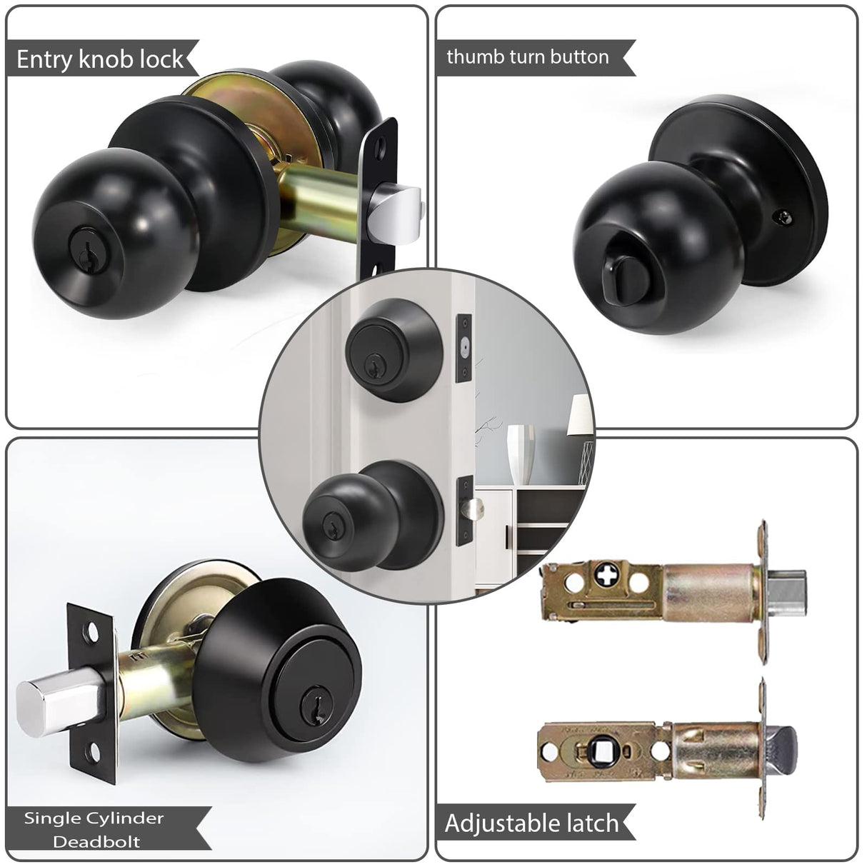 Front Door Lock Set Exterior Door Lock Set with Deadbolt, Single Cylinder Deadbolt Lock and Door Knob Set, Keyed Alike,Matte Black Door Knob and Deadbolt Set(4Pack Set)