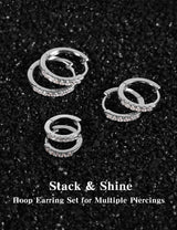 3 Pairs 925 Sterling Silver Moissanite Huggie Earrings for Women Men, Small Hoop Hypoallergenic Cartilage Earrings, Gifts Jewelry Set (18K White Gold)