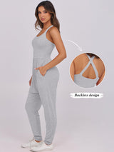 Caracilia Women Jumpsuits 2025 Summer Sleeveless Backless Tank Top Rompers Yoga Gym Workout Jumper One Piece Outfits Grey Medium
