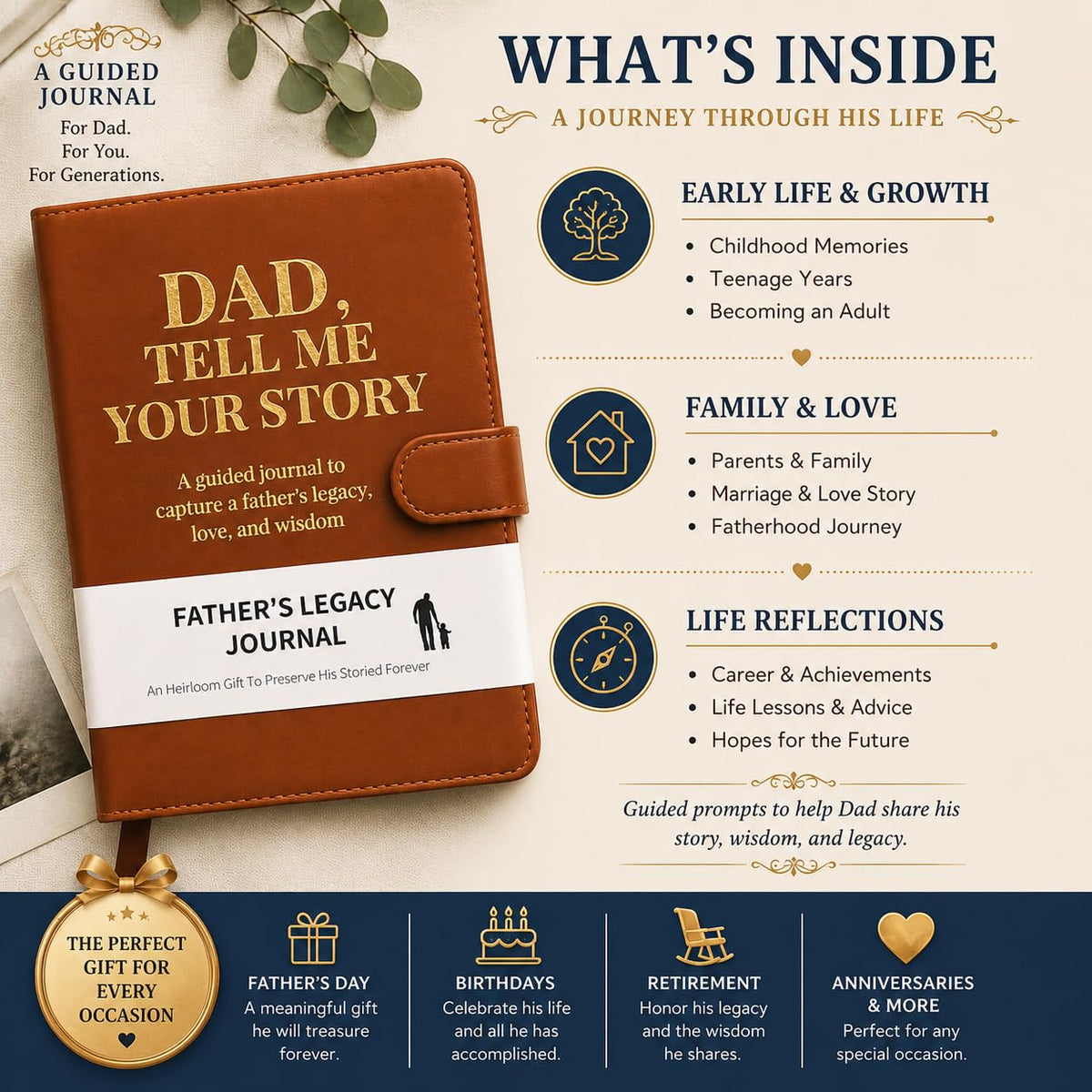Dad Tell Me Your Life Story Leather Journal (Hardcover) - A Family Heirloom Keepsake with + 275 Prompts to Share His Life Story Book and Memories, Father's Day, Christmas Gift from Daughter & Son