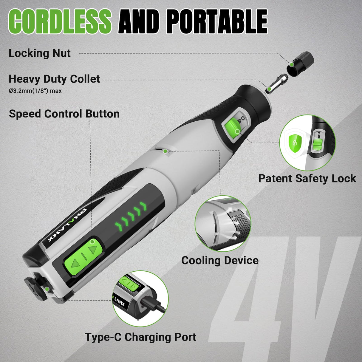 PHALANX Rotary Tool - 4V Cordless Rotary Tool Kit Accessories 80 PCS 2500mAh Battery, Preset 5 Speed Adjustment Grinder Tool for Cutting Sanding Carving Polishing Engraver DIY Crafts(R4-Standard)