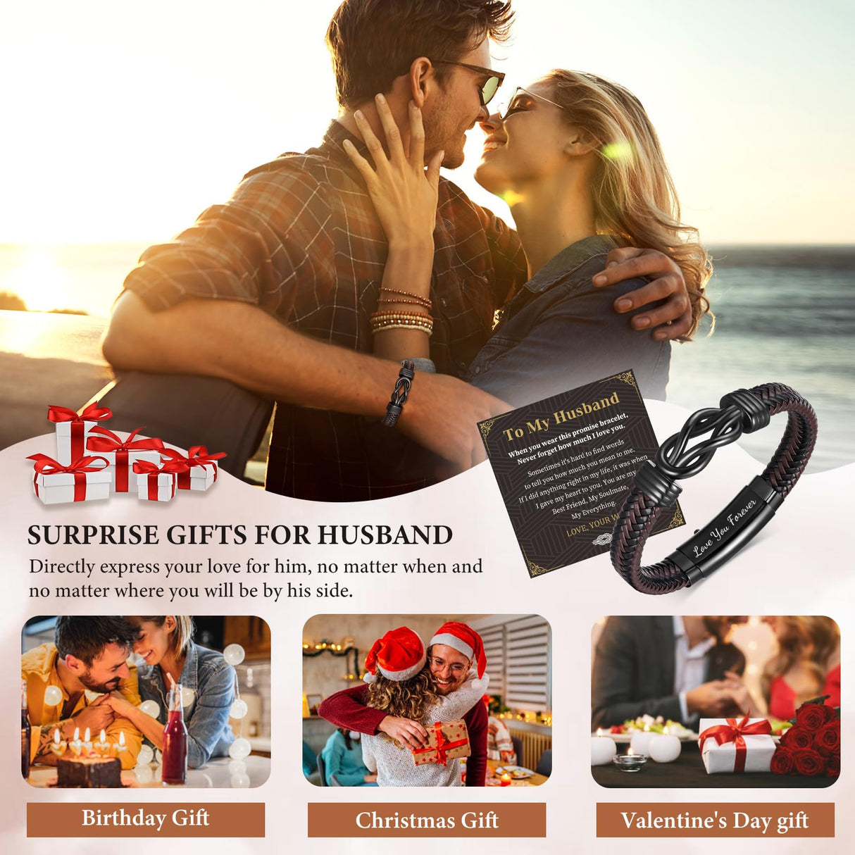 MEALGUET to My Husband Bracelet Gift - Brown Braided Leather Infinity Knot Bracelets Engraved Letter Love You Forever for Husband, Mens Bracelets Gift from Wife for Birthday Christmas