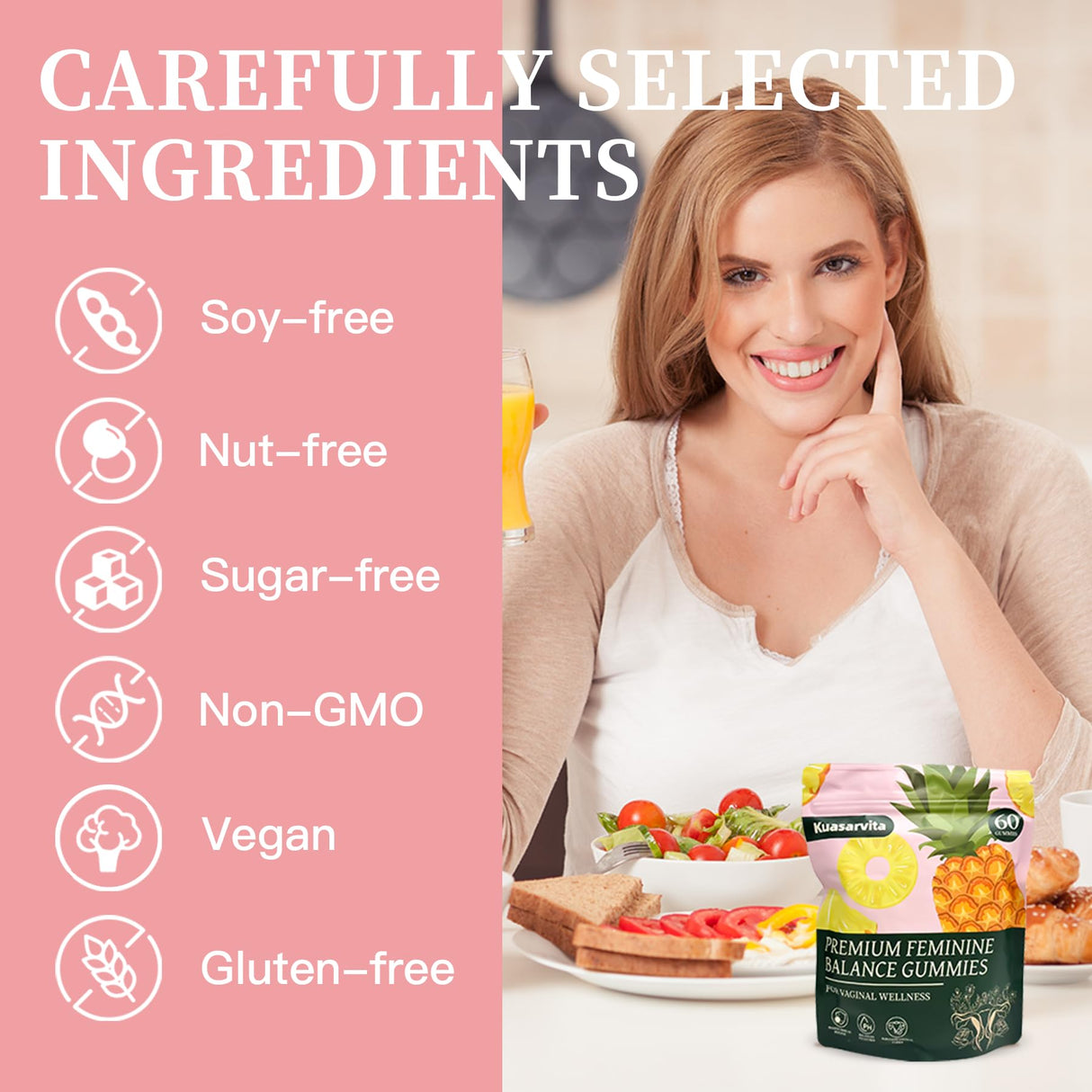 Kuasarvita Premium Vaginal Probiotics Gummies | Menstrual Relief | Feminine Care for Woman Balance pH | Hawaiian Pineapple Flavor | Sugar Free | 60 Gummies