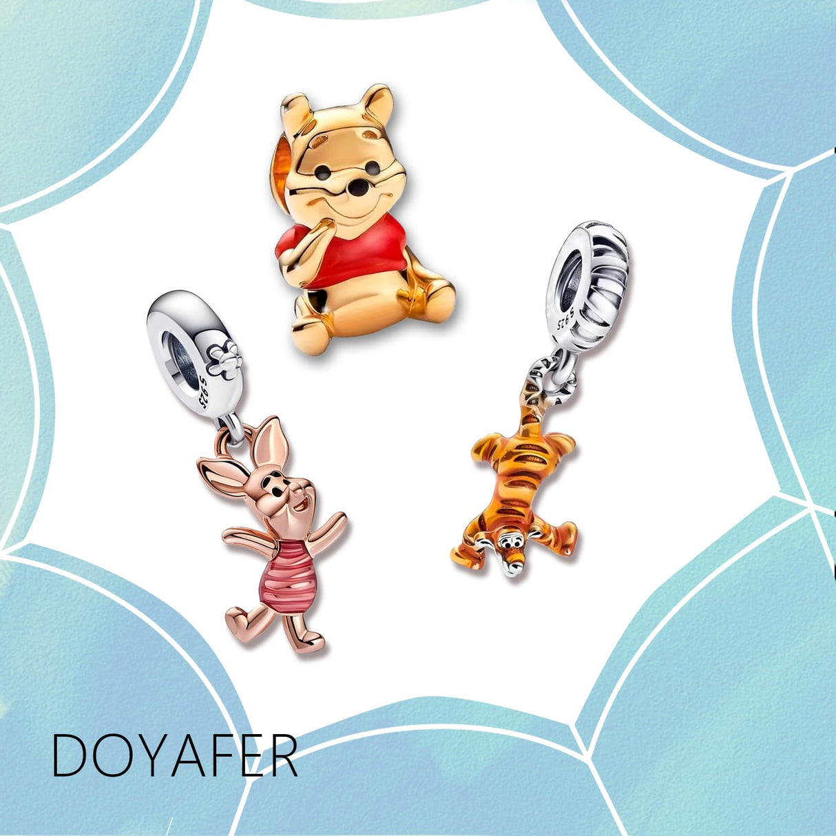 Doyafer 925 Sterling Silver Charms Iron Cool Man Golden Bear Cute Mouse Beads For Women Bracelets Necklace Gifts for Family and Friends 3 Piece/Package Tiger, bear, little pig (Charm Set- B)