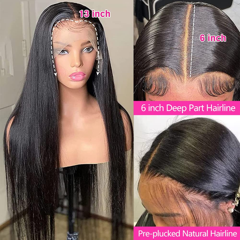 13x6 Straight Lace Front Wigs Human Hair HD Transparent Lace Front Human Hair Wigs for Black Woman Brazilian Lace Frontal Wigs Human Hair Glueless Wigs Human Hair Pre Plucked Natural Color 30inch