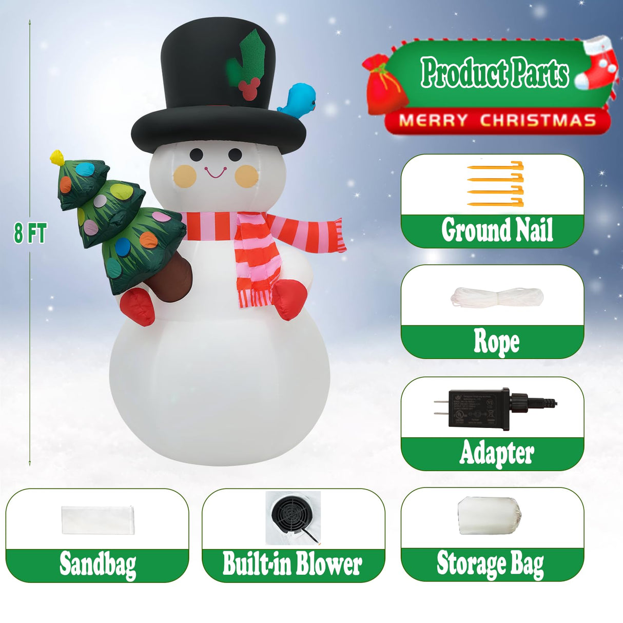 SRKLH 8 FT Christmas Inflatables Snowman Yard Decoration, Blow Up Snowman with Christmas Tree Outdoor Decoration with Rotating LED Lights for Holiday Party Garden Lawn Decor, Xmas New Year Kids Gifts