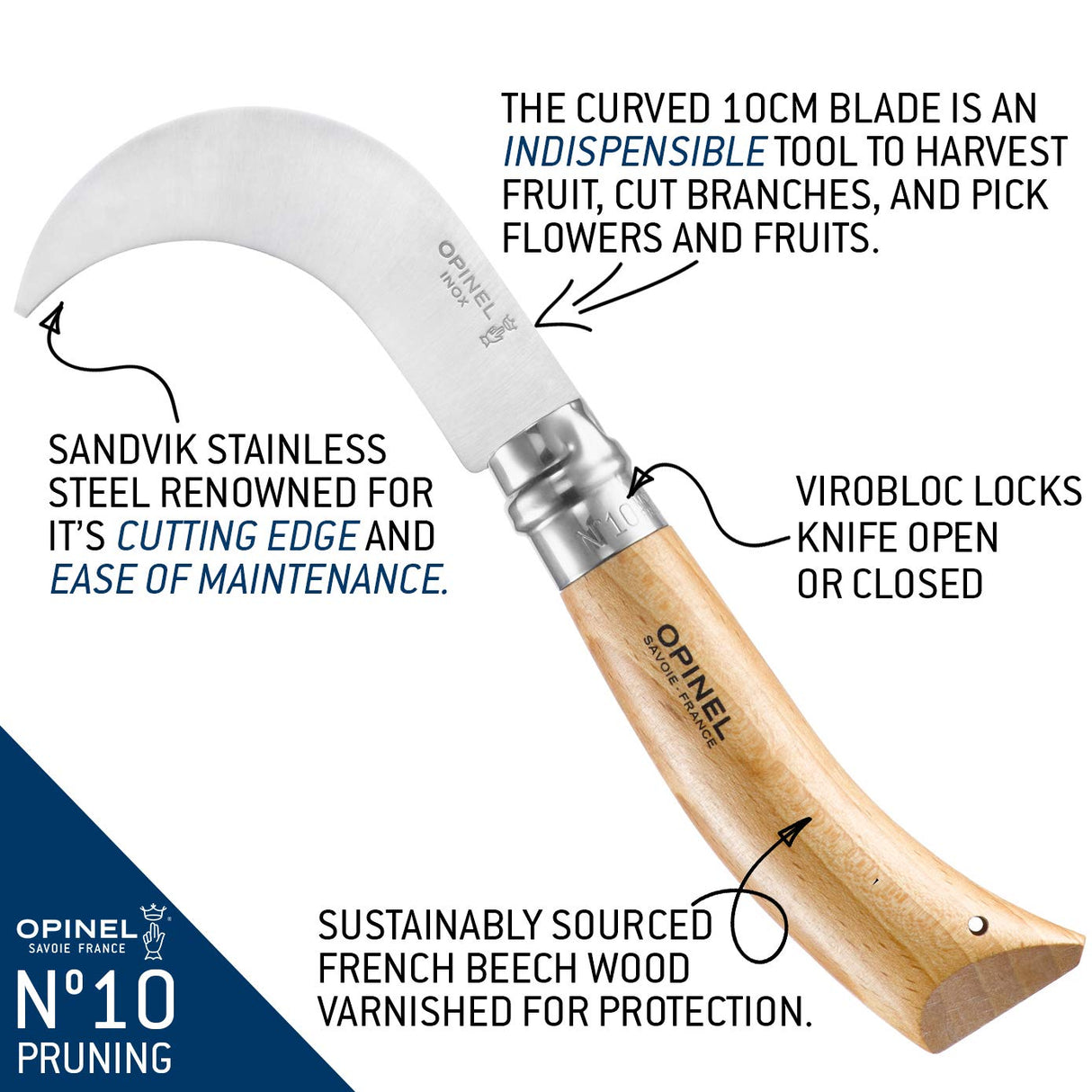 Opinel No. 10 Pruning Folding Knife - Stainless Steel for Pruning, Grafting, Orchards, Vineyards, and Gardening