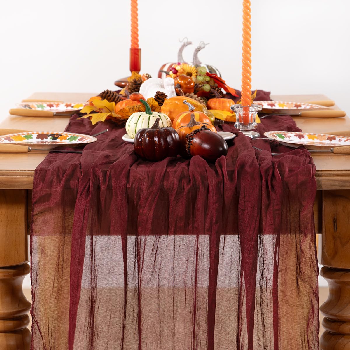 DeZerlor Burgundy Red Cheesecloth Table Runner 6 Pack Fall Table Runners Boho Gauze 120 Inches Red Cheese Cloth Fall Table Decorations for Thanksgiving Christmas Weddings Bridal Shower Candlelight