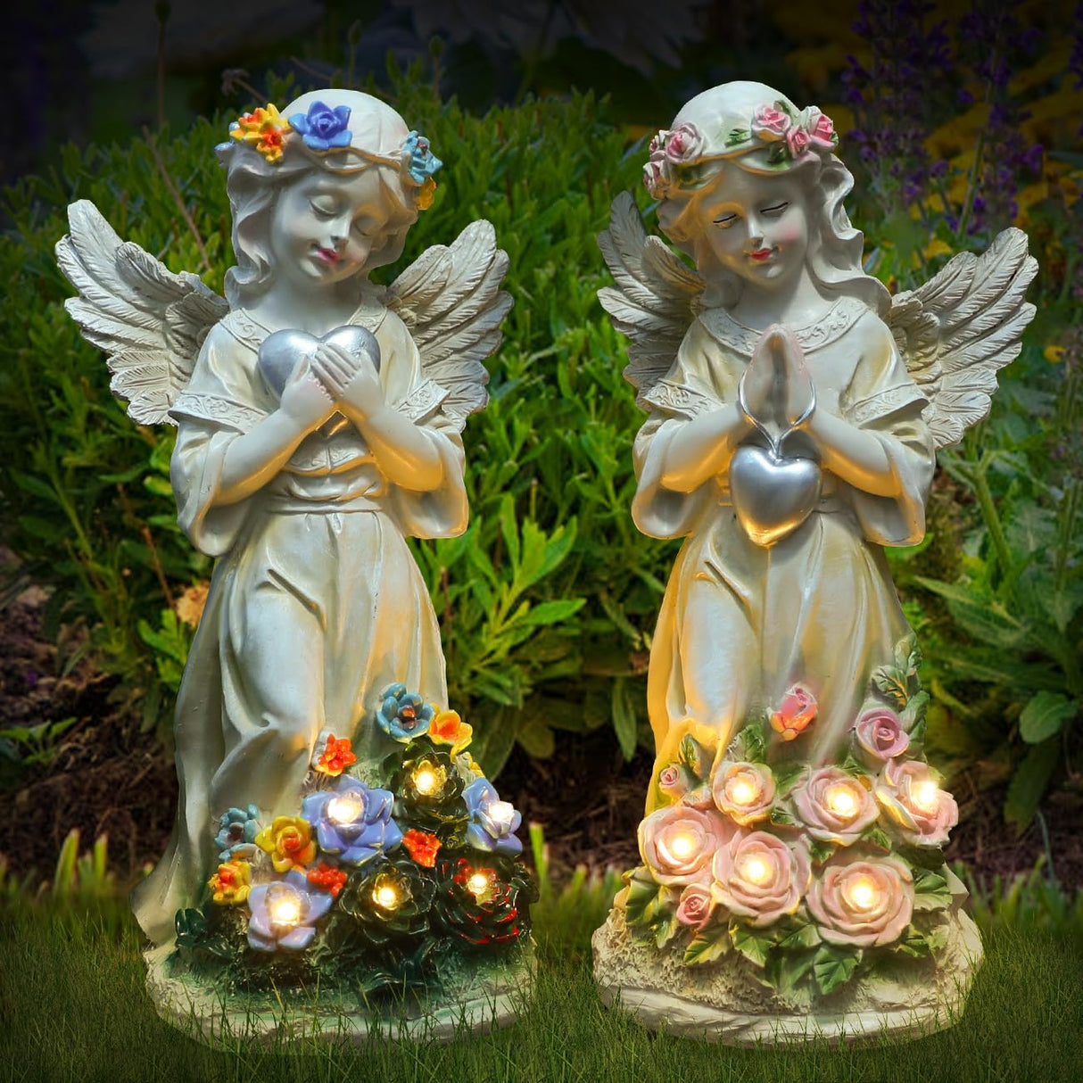Kssiaz Angel Garden Statue 2Pcs,Love Heart Solar Garden Decor with Warm Light,Waterproof Praying Angel Statue with Flowers,Outdoor Garden Decor Sculpture for Lawn Yard Patio Garden Present,Apricot