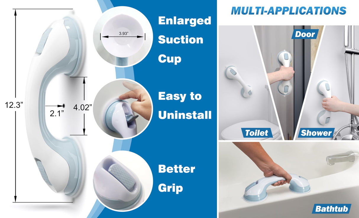 AirTight® Grab Bars for Shower Heavy-Duty (2Pack) 12.3-Inch ADA Compliant Grab Bar for Seniors Shower Handles for Elderly Suction Handicap Safety Handrail for Bathroom Bathtubs Toilet Tiles Glass