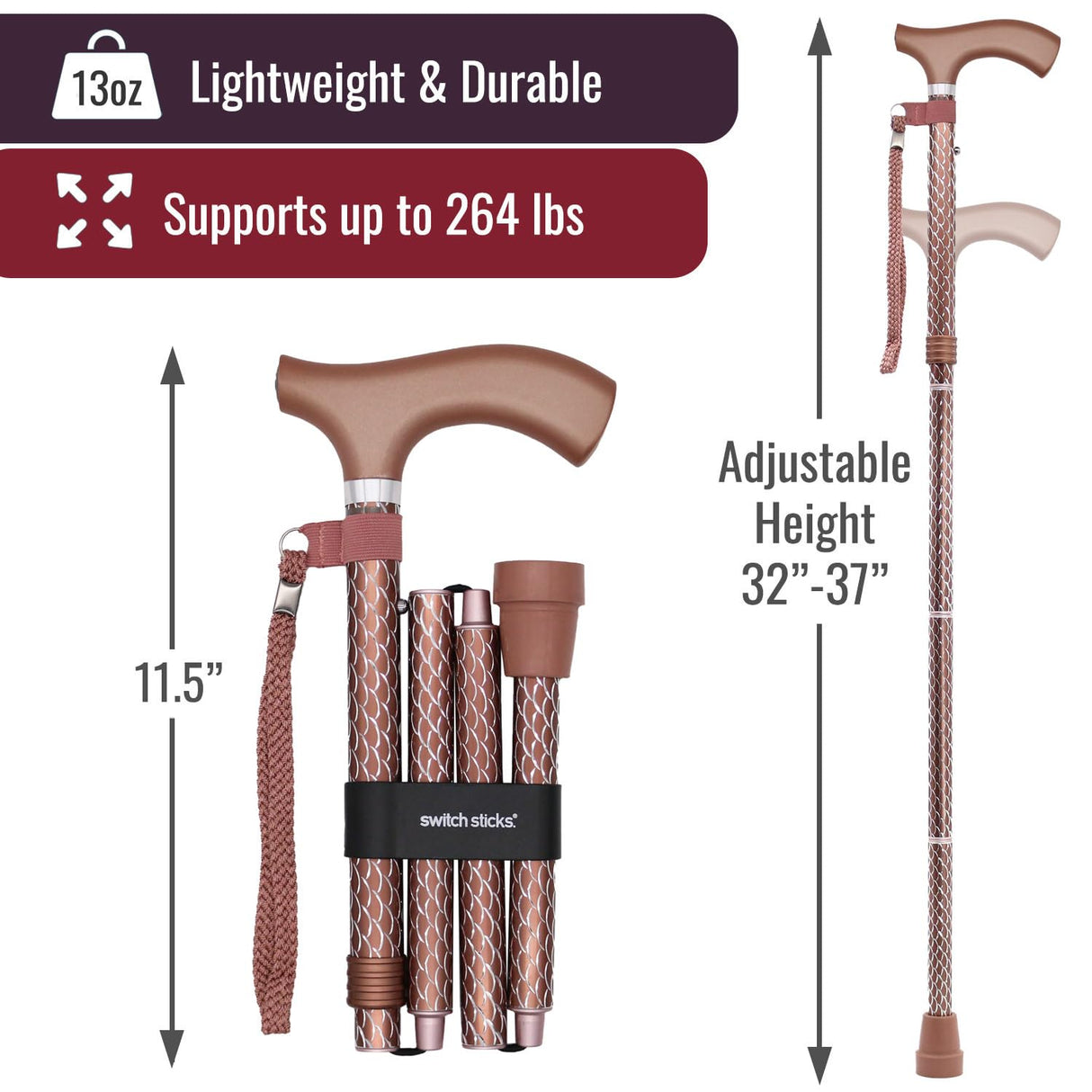 Switch Sticks Folding Walking Cane For Women & Men - Adjustable 32-37 In, Lightweight With Ergonomic Wood Handle, Slip-Resistant Rubber Tip Supports 264 Lbs - Canes For Women For Stability (FSA/HSA)