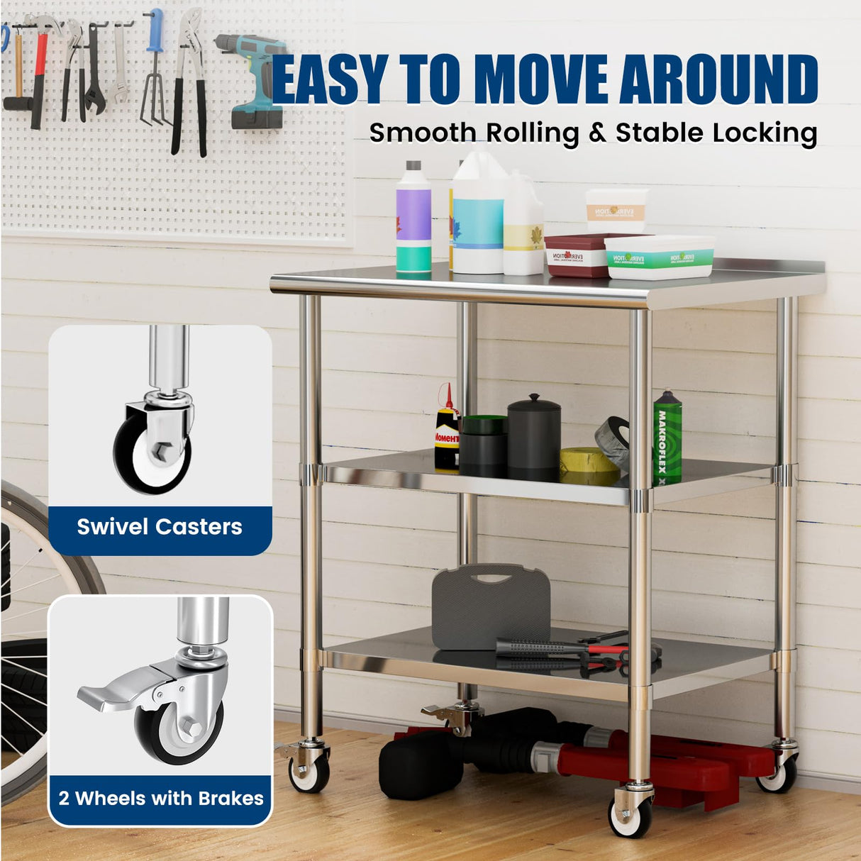 Chingoo Stainless Steel Work Table with Wheels, 24x36 Inch NSF Food Prep Table with Backsplash & 2 Adjustable Undershelves for Commercial Kitchen, Restaurant, Garage