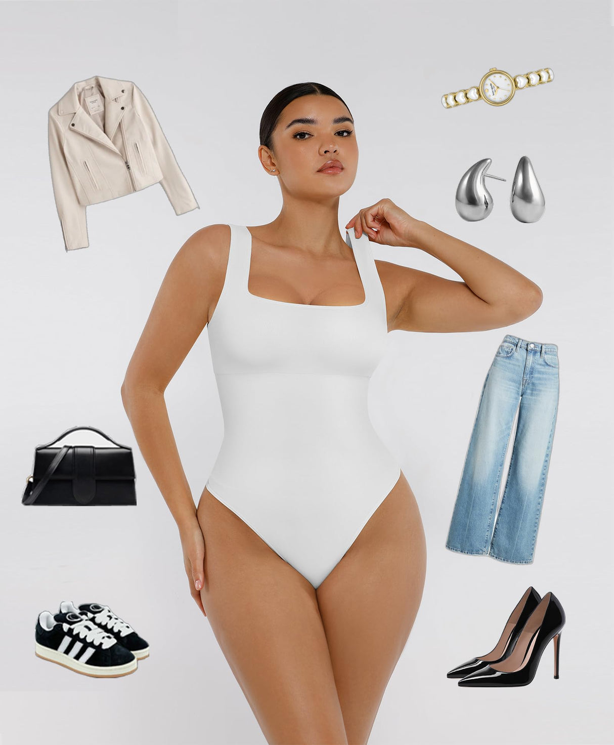 FeelinGirl Bodysuits for Women Square Neck Tummy Control Tank Tops Bodysuit for Women Compression Bodysuit White M/L