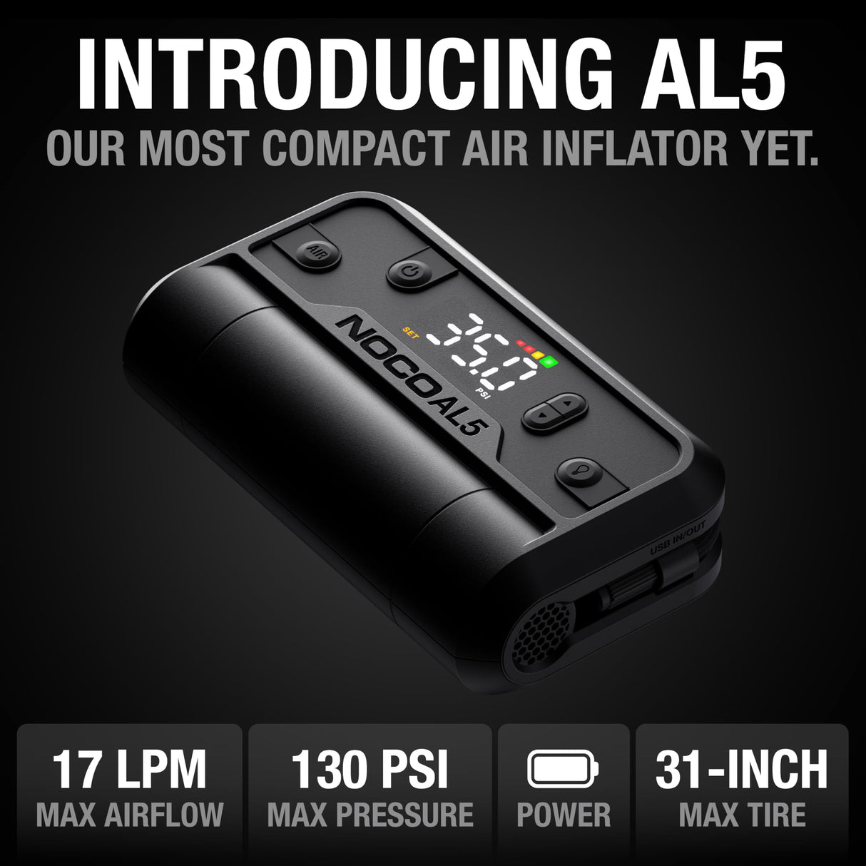 NOCO Air AL5: Cordless Tire Inflator – Portable Rechargeable Air Compressor with USB-C – 17 LPM Inflates 0–40 PSI in 7 Minutes – Digital Gauge + Auto-Shutoff – For Tires up to 31-Inches
