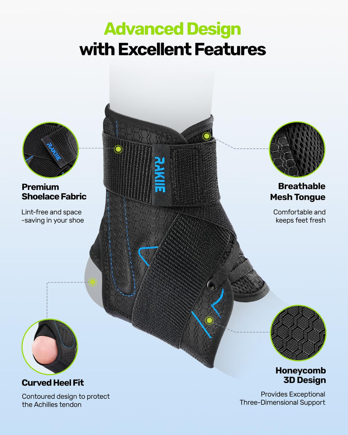 Rakiie Achilles Tendon Support, Durable Ankle Support with Upgraded Strap and Touch Fastener, Ankle Wrap with Side Stabilizers for Football, Achilles Tendonitis Relief, Suitable for Left/Right, Blue L (10"-11"/11"-12")