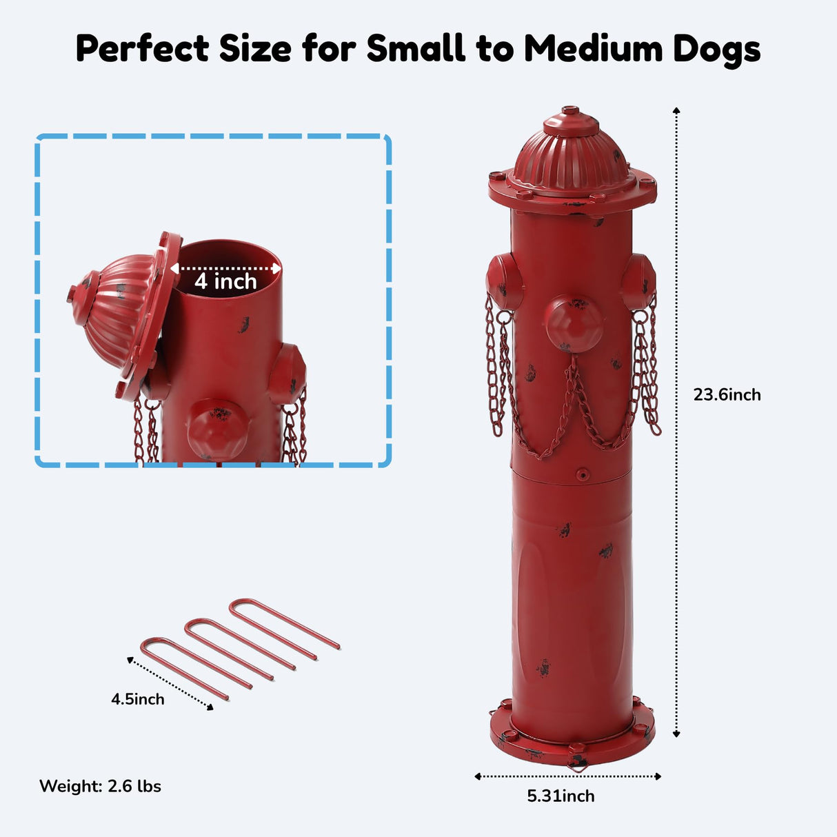 CaliDecor Fire Hydrant for Dogs to Pee On, 24" Metal Dog Fake Fire Hydrant Pee Post Red for Outdoor Training, Pee Pole with Ground Stakes, Fillable Base for Yard, Garden, Patio