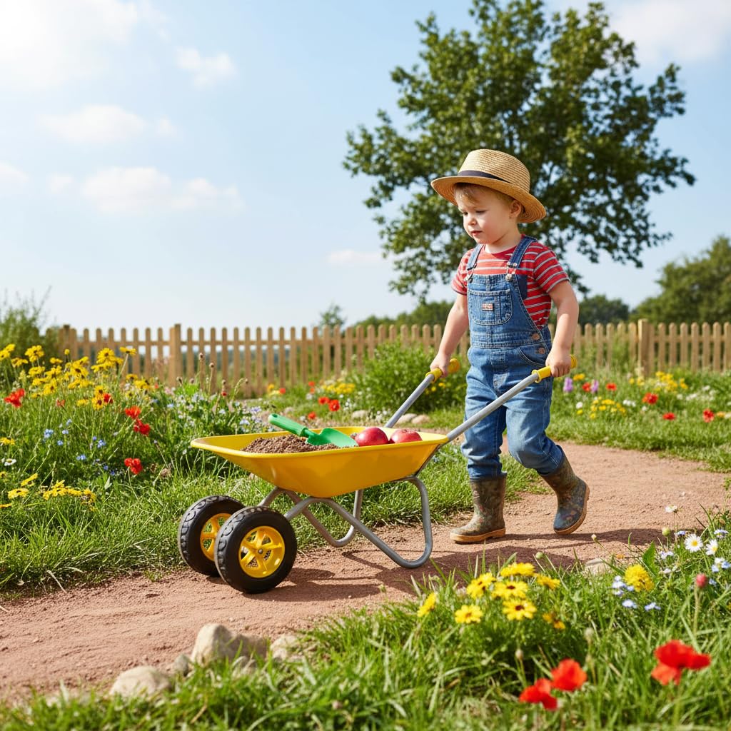 Kids Gardening Tool Set Wheelbarrow 2 Wheel Metal Wheelbarrow Toys (Yellow)