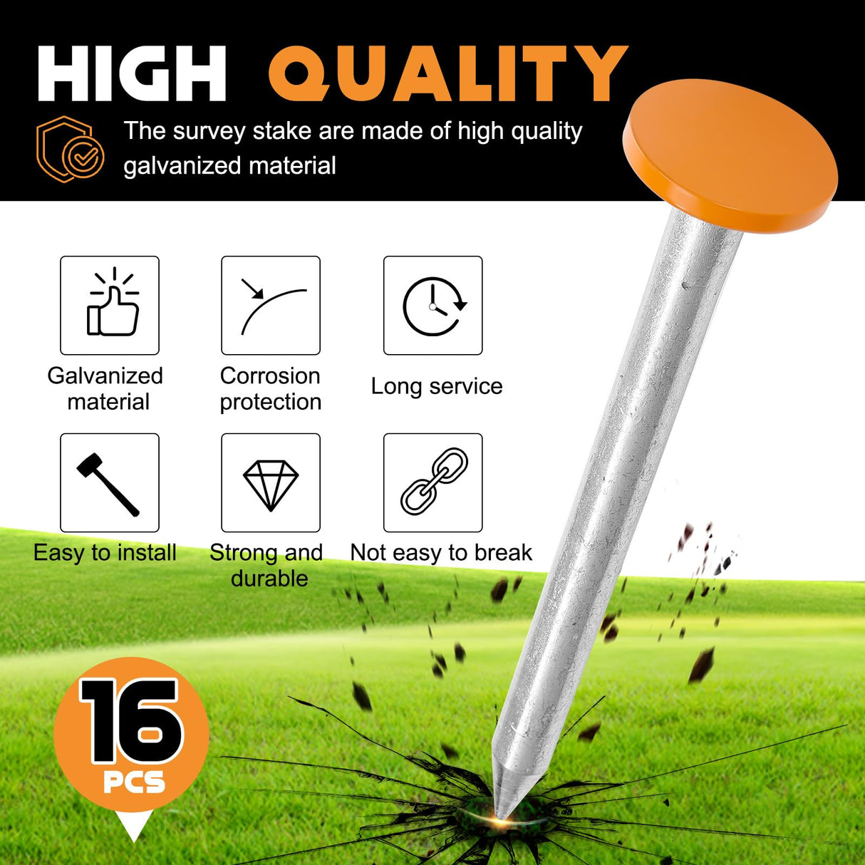 Silkfly 8 Pcs 6.7 Inch Survey Stakes Property Line Markers Low Profile Heavy Duty Hi-vis Orange Stakes Building Line Marker for Garden Lawn Landscape Edging Weed Barriers