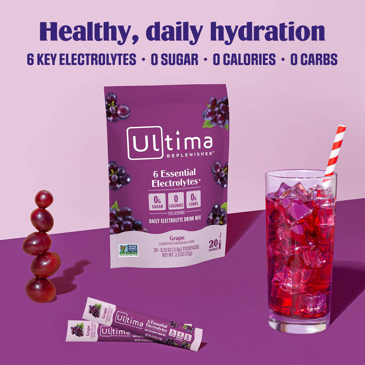 Ultima Replenisher Daily Electrolyte Powder Drink Mix – Sugar Free – Grape, 20 Stickpacks – Hydration Packets with 6 Key Electrolytes and Trace Minerals – Keto Friendly, Vegan, Non-GMO