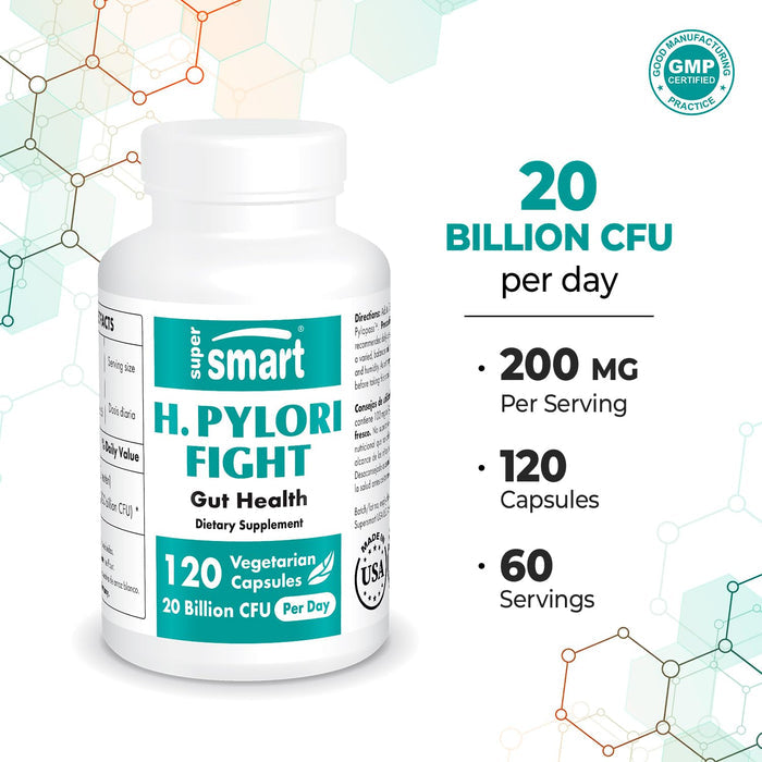Supersmart - H. Pylori Fight 20 Billion CFU per Day - Probiotic Lactobacillus Reuteri Supplement | Non-GMO & Gluten Free - 120 Vegetarian Capsules