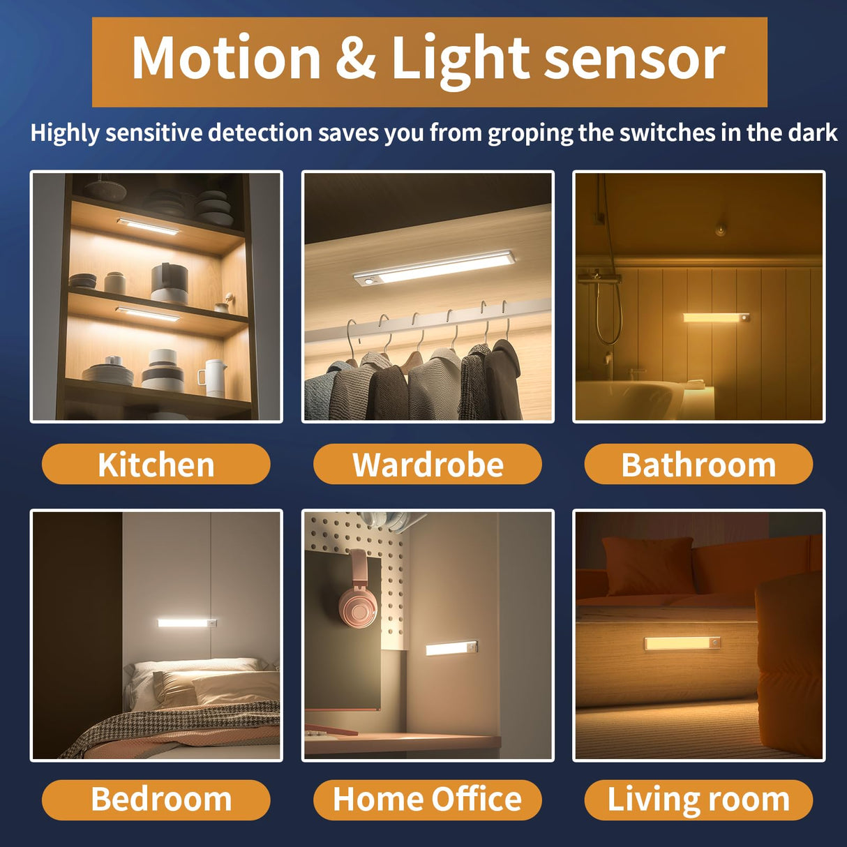 Under Cabinet Lights,88 LED Operated Motion Sensor Light Indoor,2200mAh USB Rechargeable Closet Lights, 6 Pack Magnetic Dimmable Closet Lights，Wireless Under Counter Lights for Kitchen, Stairs