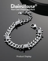 ChainsHouse Barbed Wire Bracelet, Stainless Steel Cuban Link Chain Bracelet for Men Chain Bracelet Hip Hop Rock Jewelry 9MM Width 7.08" Length with 2" Extened Links