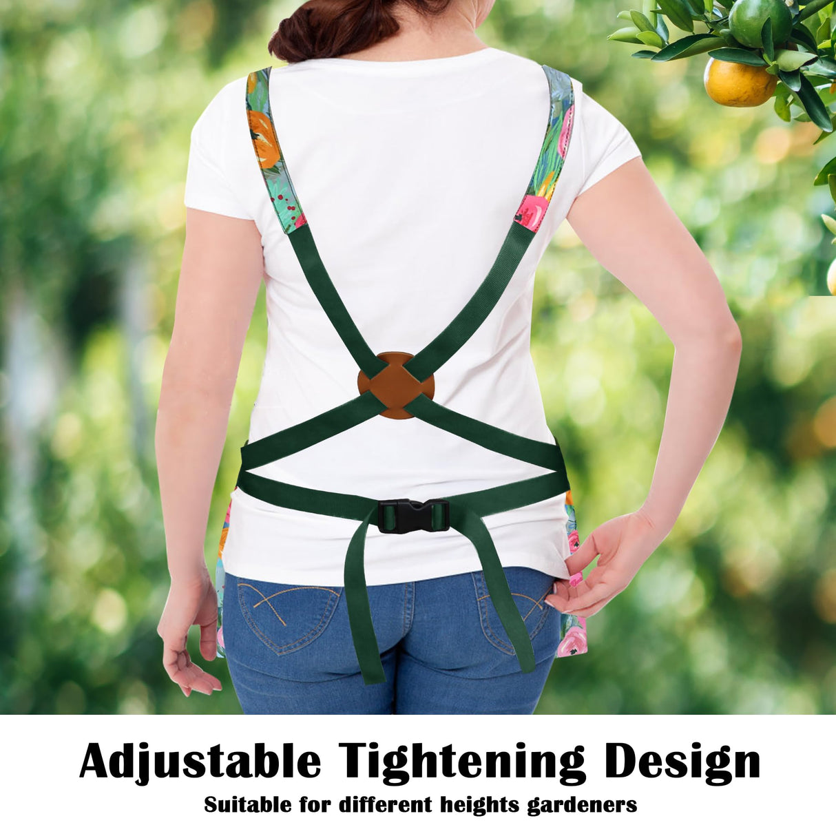 JLDTOP Garden Harvest Apron for Women, Fruit Picking Apron with Quick Release Bottom, Adjustable Cross Back Tool Apron with Pockets, Gardening Gift for Plant Lovers & Gardeners (Green Floral)
