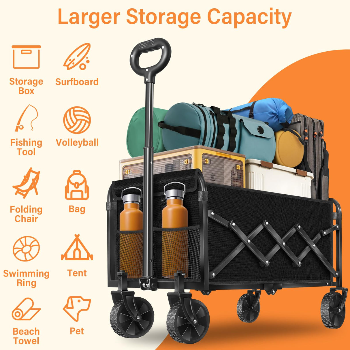 Wagons Carts Foldable, Collapsible Wagon, Folding Wagon Cart with Wheels, Wagons Carts Foldable 280 Lbs - Lightweight Portable Small Fold Up for Camping, Travel, Sports, Grocery, Shopping, Black