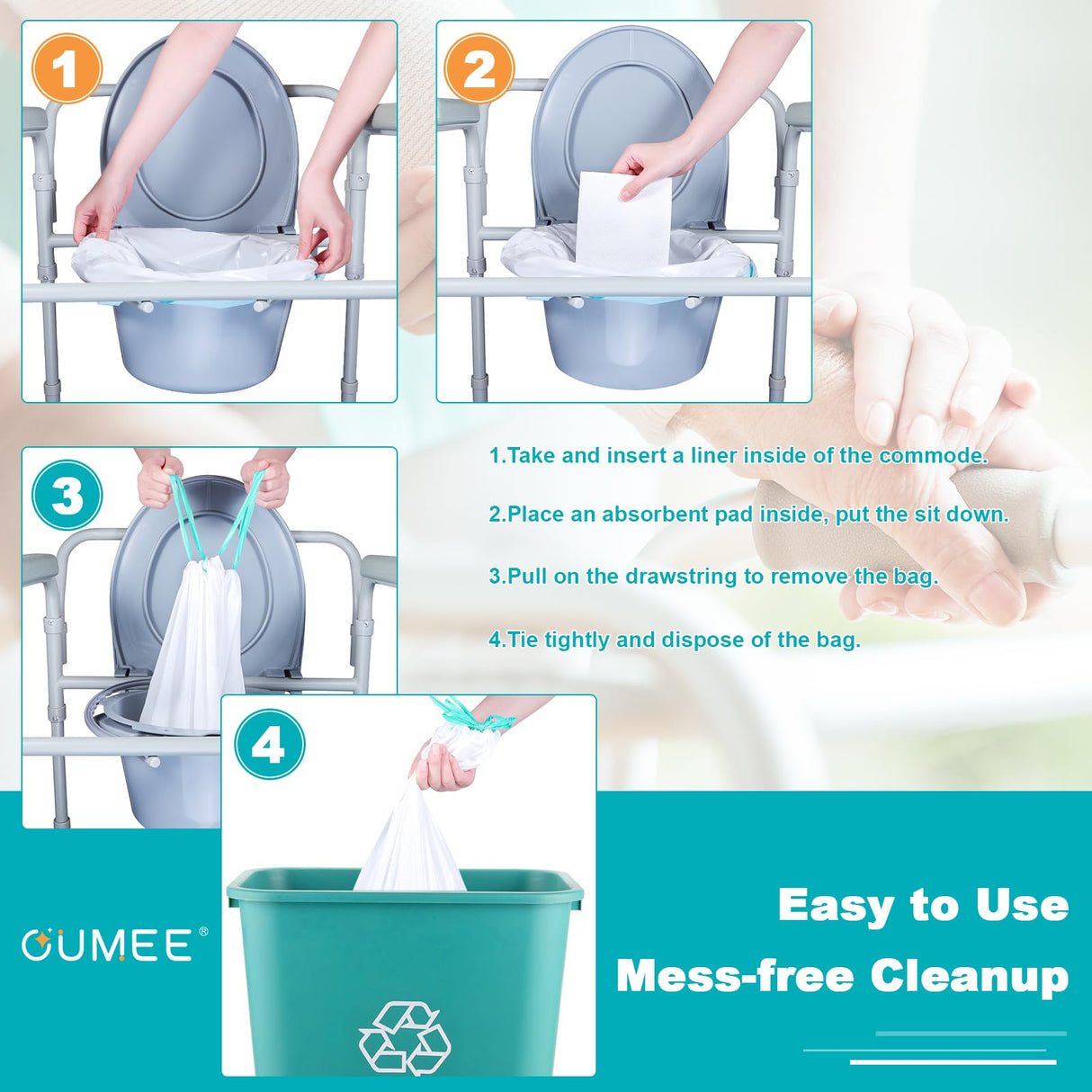 OUMEE Commode Liners with Absorbent Pads, 90 Bedside Commode Liners and 90 Pads for Commode Bucket, Disposable Commode Bags for Adults, Portable Leak-Proof Potty Chair Liners