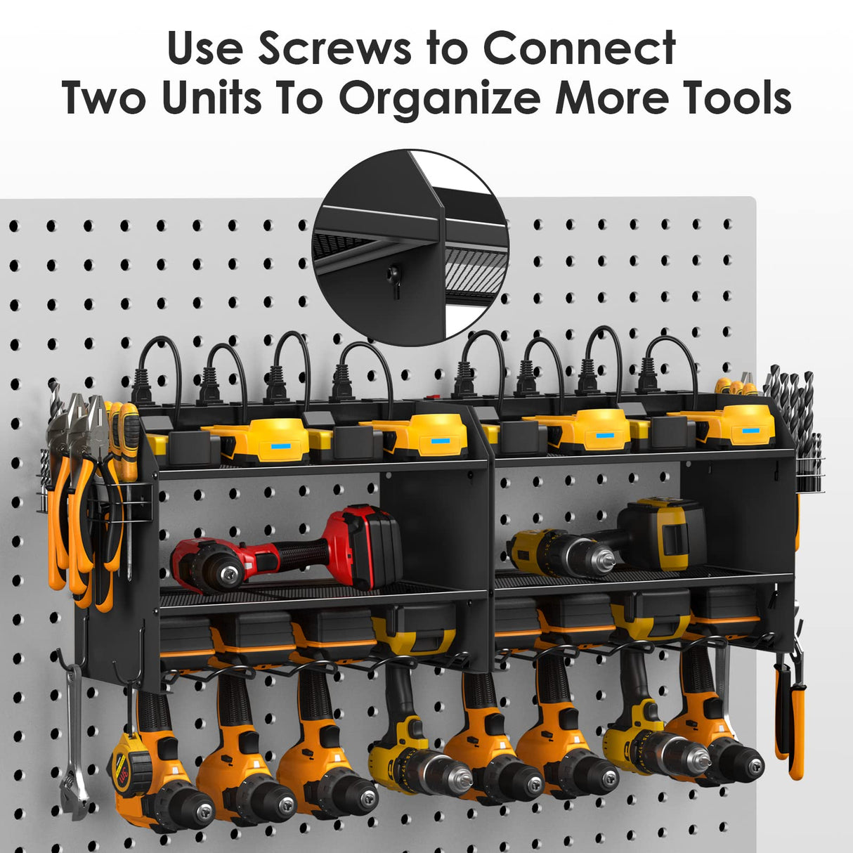 CCCEI Modular Power Tool Organizer Wall Mount with Charging Station. Garage Drill Storage Shelf with Hooks, Heavy Duty Rack, Tool Battery Holder Built in 8 Outlet. Gift for Men. Black, 1 Pack.