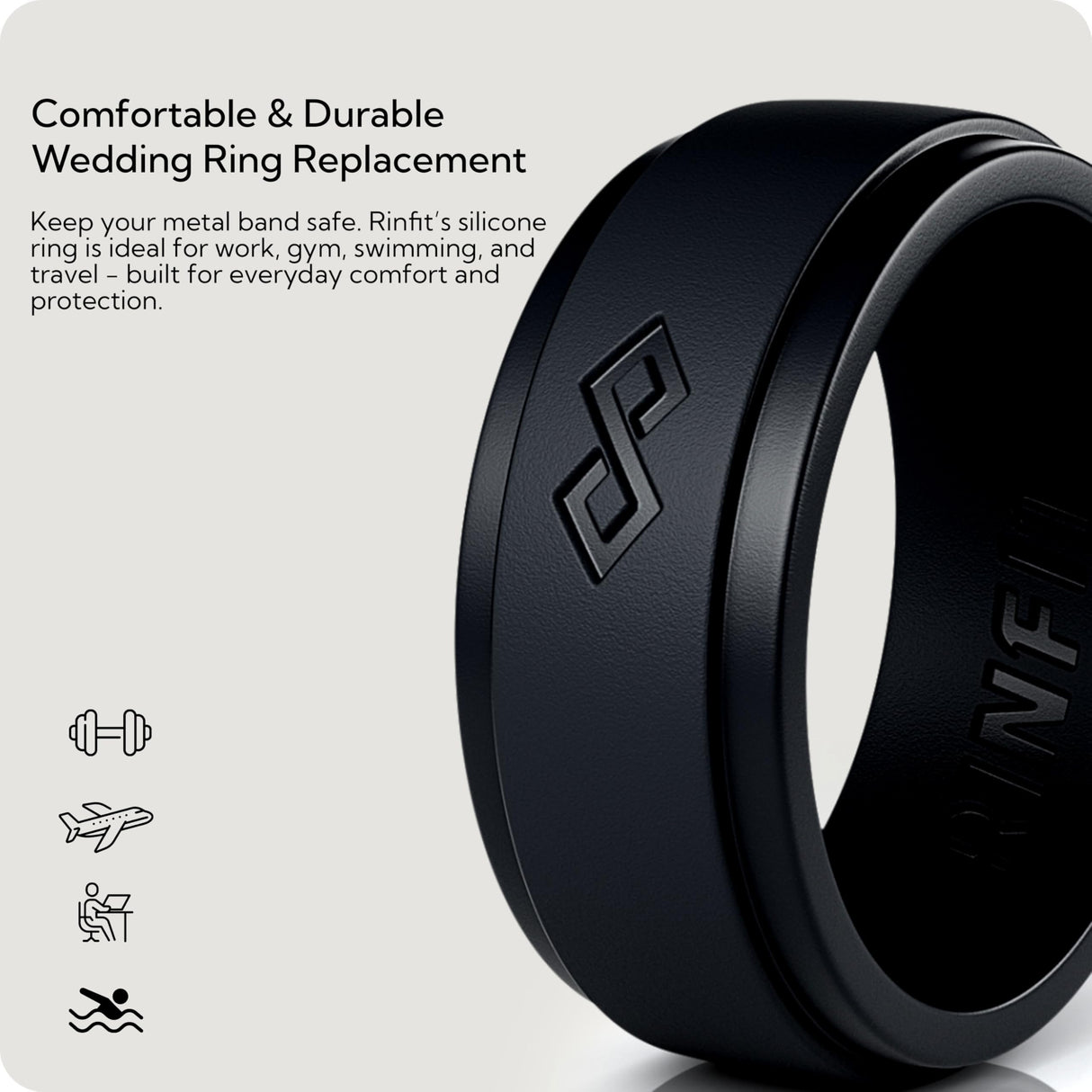 Rinfit Silicone Wedding Band for Men, Infinity - Pack C, Size 10