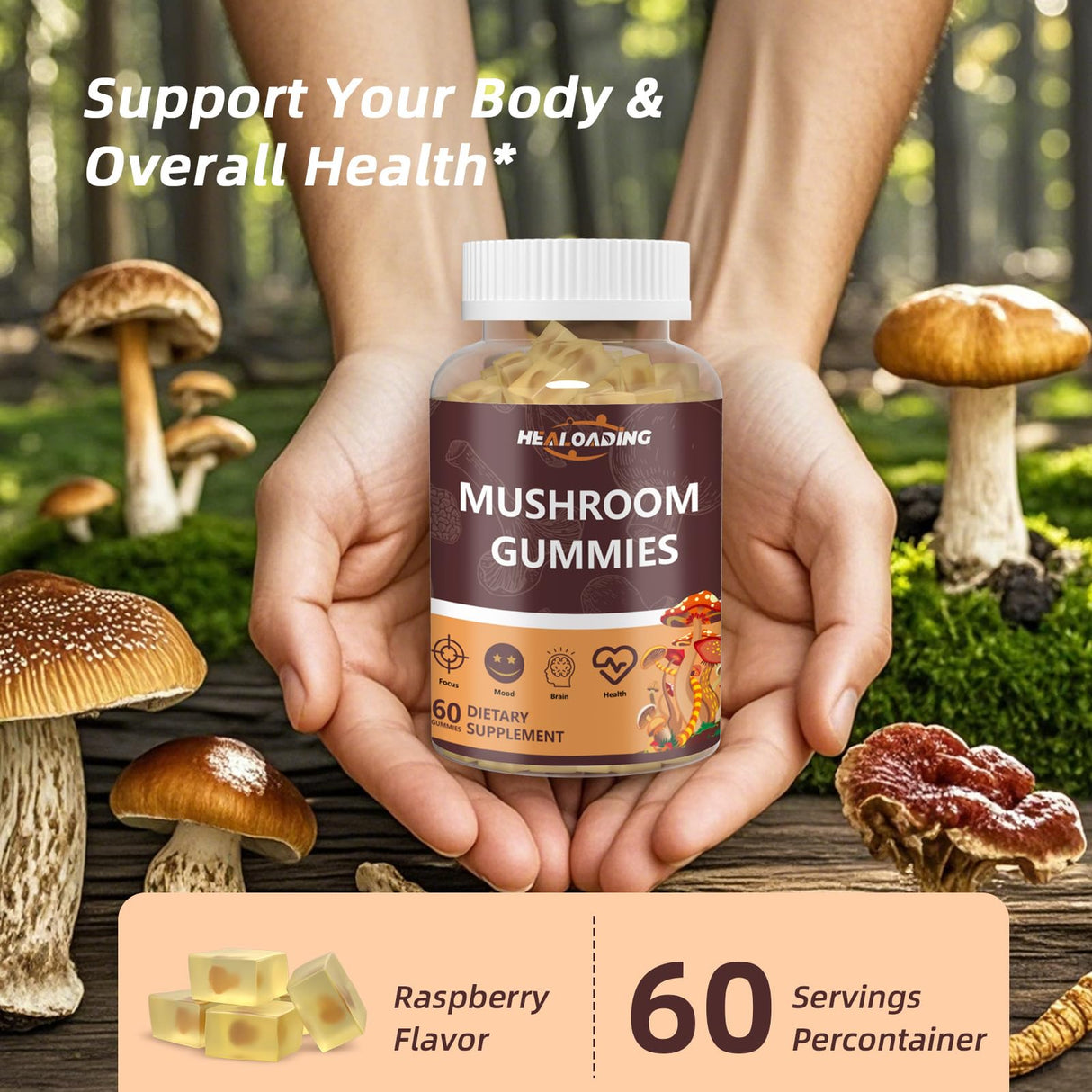 HEALOADING Mushroom Gummies with Lions Mane & Cordyceps | Brain Health, Immune Support & Memory Enhancement | Vegan Supplement with Vitamin D3, B6, B9, B12 | 60 Chewable Gummies