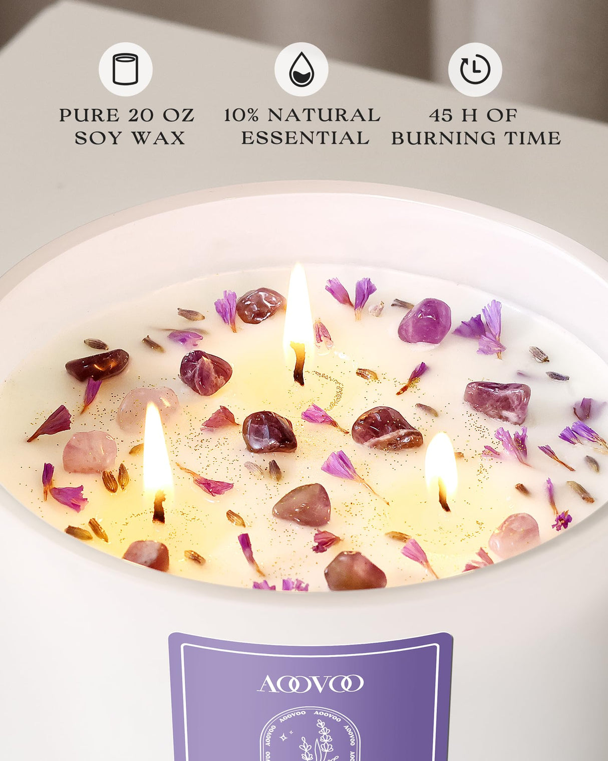 AOOVOO Lavender Scented Candles for Women - 20oz 3 Wick Soy Candles for Home Scented, Aromatherapy Candle with Crystals Inside, Birthday Gifts Christmas Candle for Women Mom