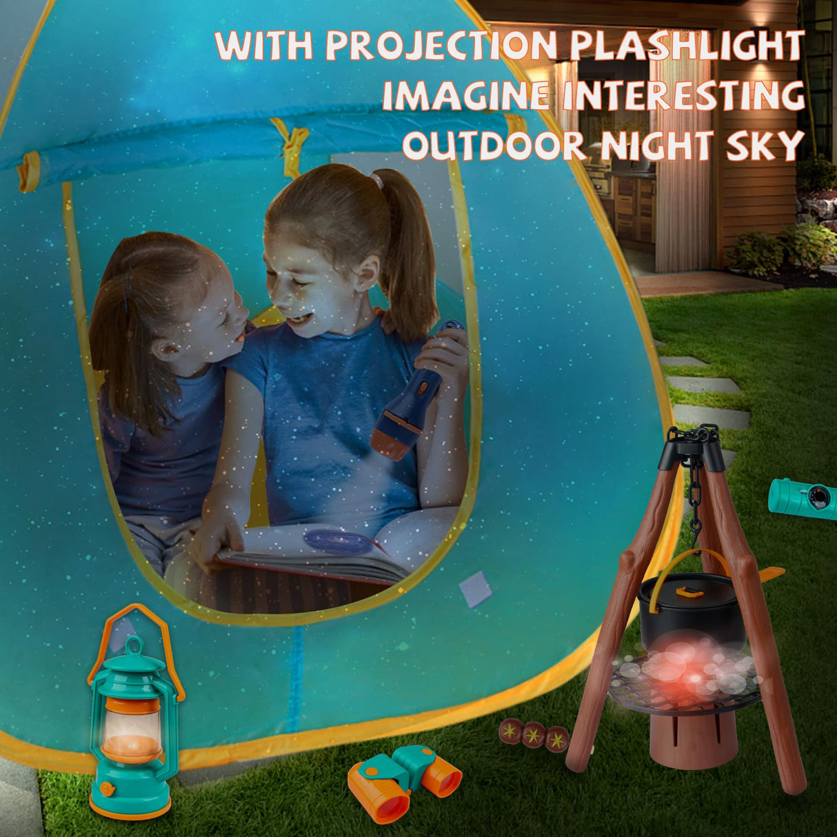 Qtioucp Kids Camping Set 50pcs with Tent & Space Projector Flashlight- Outdoor Campfire Toy Set for Toddlers Kids - Pretend Play Camp Gear Tools for Birthday Christmas
