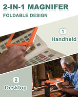 10X Magnifying Glass with Light and Stand, Rechargeable Folding Handheld Real Glass Magnifier, 3 Color Modes Dimmable Lighted Page Magnifier for Reading Small Prints, Seniors with Macular Degeneration