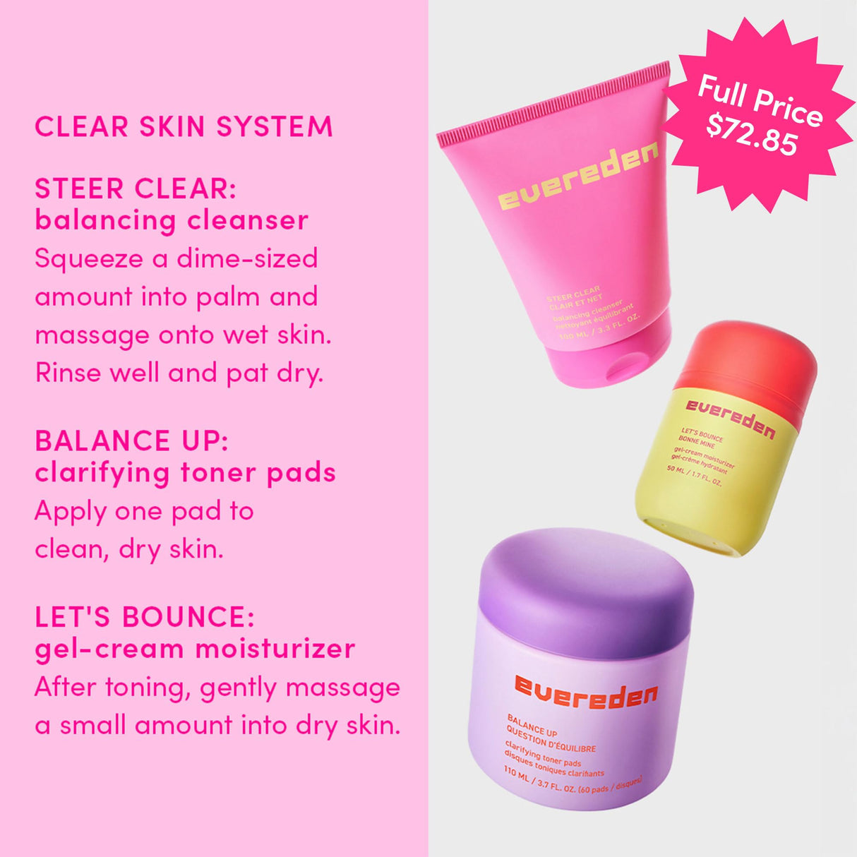 Evereden Preppy Skincare Collection with Triple Green Tea: Teen Skincare Steer Clear Balancing Jelly Cleanser Teen Face Wash, Let's Bounce Gel-Cream Moisturizer, & Balance Up Toner Pads for Face