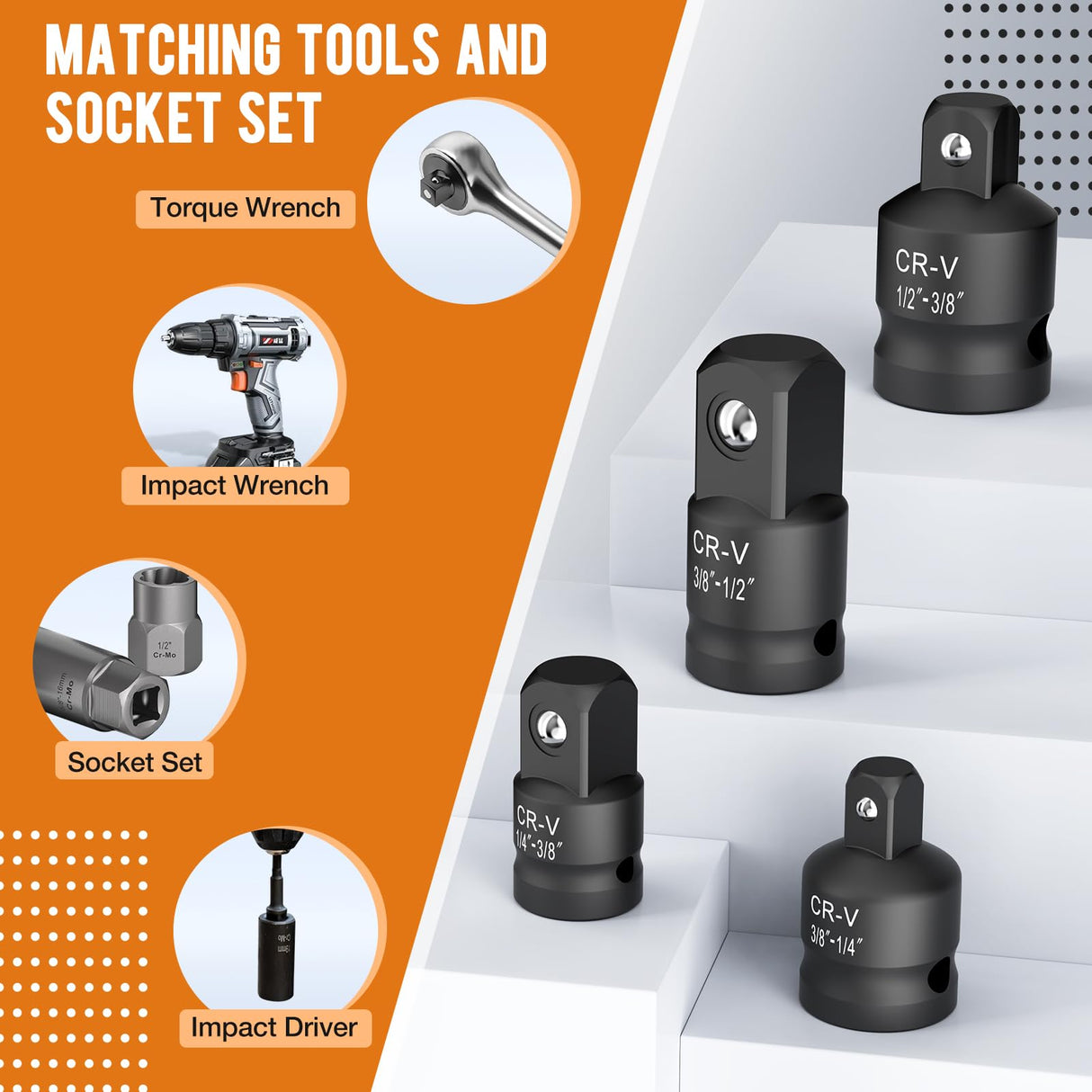WYBENZ 6PCS Impact Socket Adapter and Reducer Set, 1/4" 3/8" 1/2" 3/4" Impact Adapter Set with Storage Case, Impact Driver & Wrench Conversion Kit Socket Reducer Set Mechanic tools