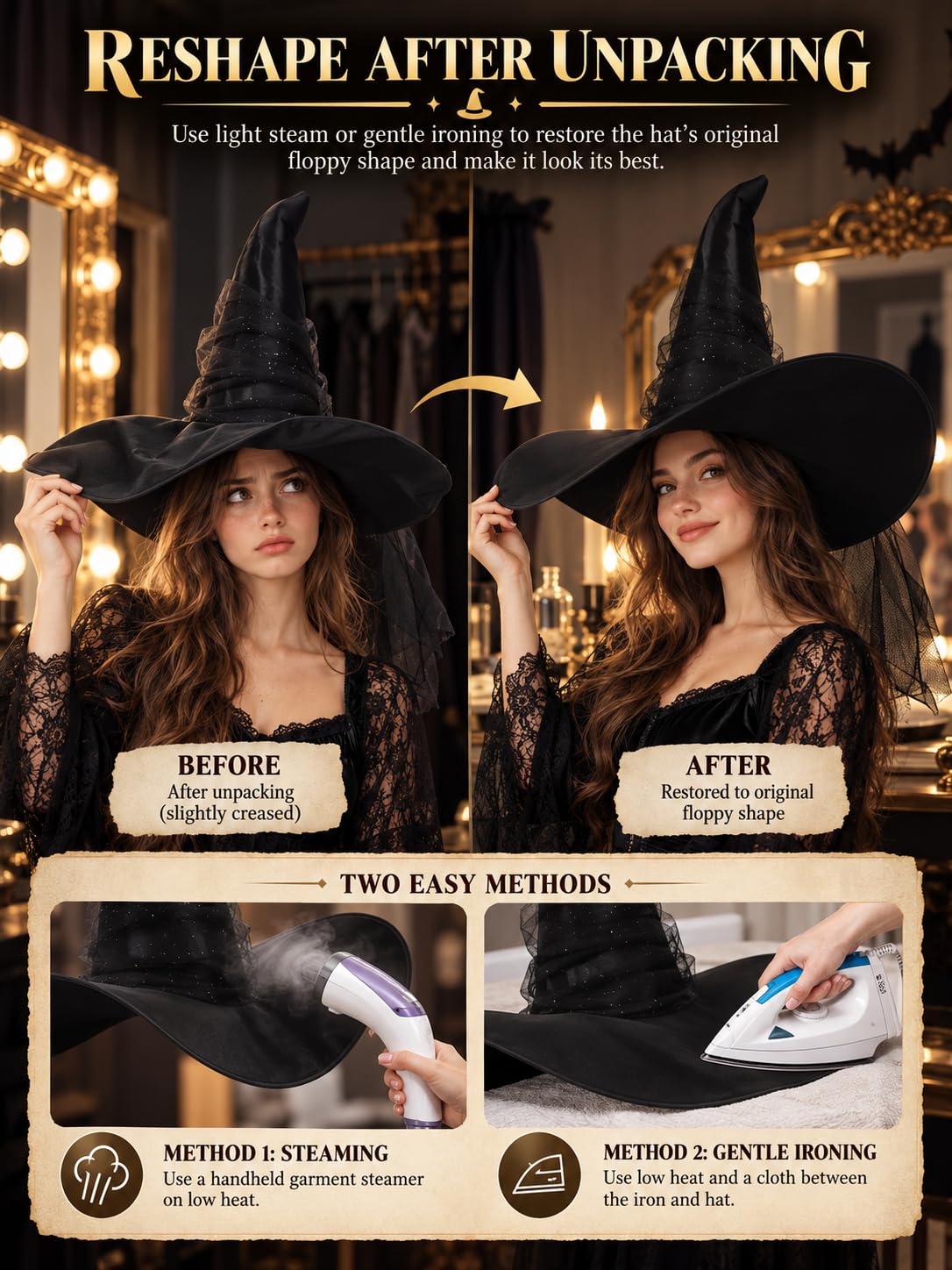 UQJE Women's Witch Hat, Oversized Mesh Halloween Costume Hat, Black, 24in