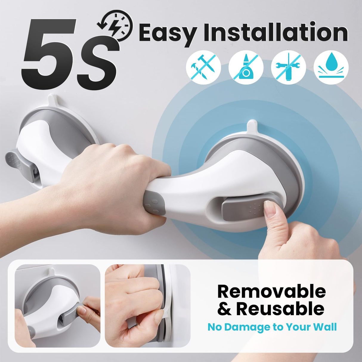 TAILI Shower Grab Bar, 12 Inch Shower Handle for Bathtubs and Elderly, Suction Grab Bars for Seniors Bathroom Safety Handles for Elderly, No Drilling Removable,Grey