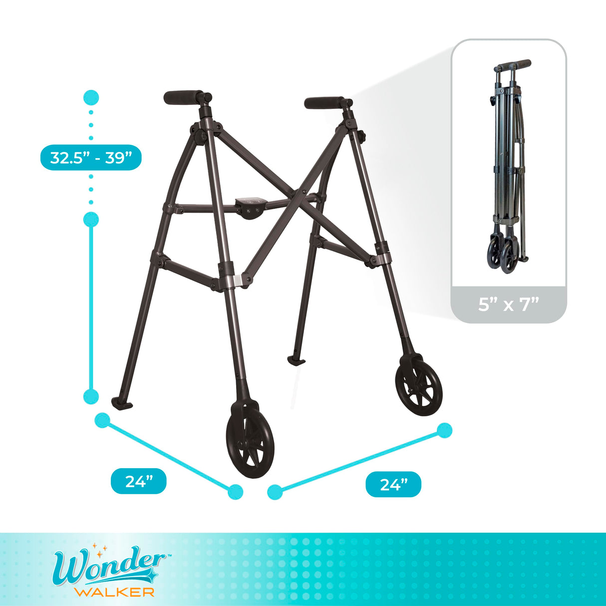 Stander Wonder Walker, Lightweight Foldable Space Saver Rolling Walker for Adults, Seniors, and Elderly, Compact Travel Walker with 6-inch Wheels and Ski Glides for Mobility Support, Black Walnut