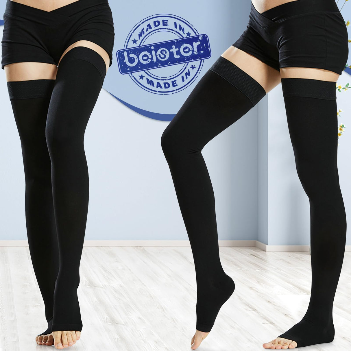 Beister 1 Pair Medical Open Toe Thigh High Compression Stockings with Silicone Band for Women & Men, Firm 20-30 mmHg Graduated Support for Varicose Veins, Edema, Flight.