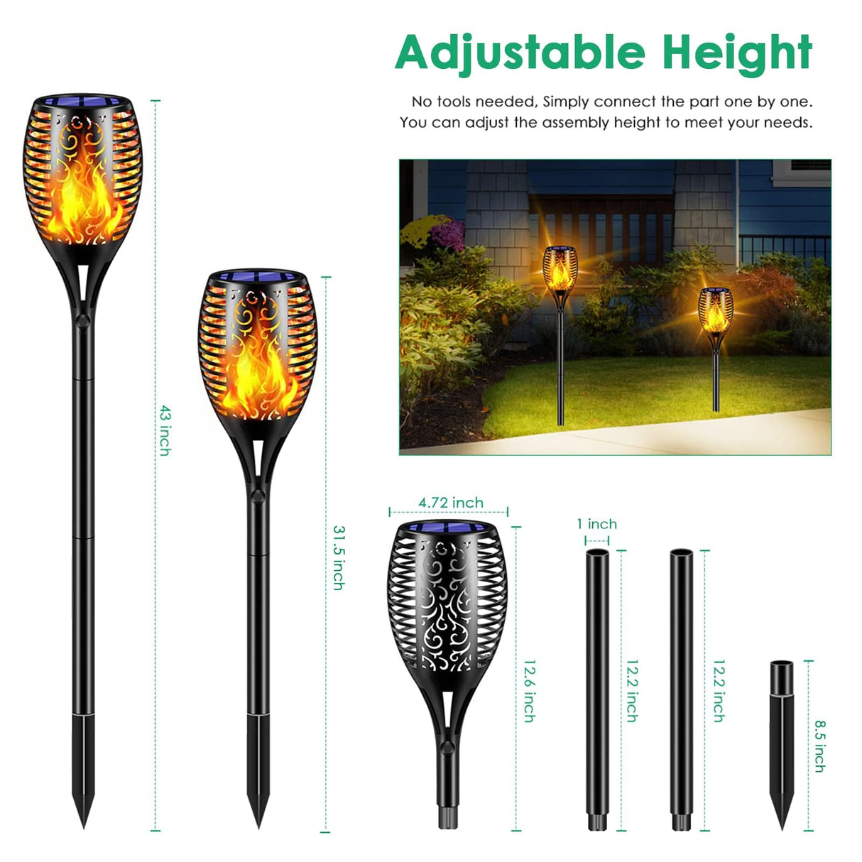 TomCare Solar Lights Outdoor 99 LED Higher & Larger Flickering Flame Solar Torch Lights 43" Decorative Waterproof Solar Powered Pathway Landscape Lighting for Garden Patio Yard, 2Pack (Black)
