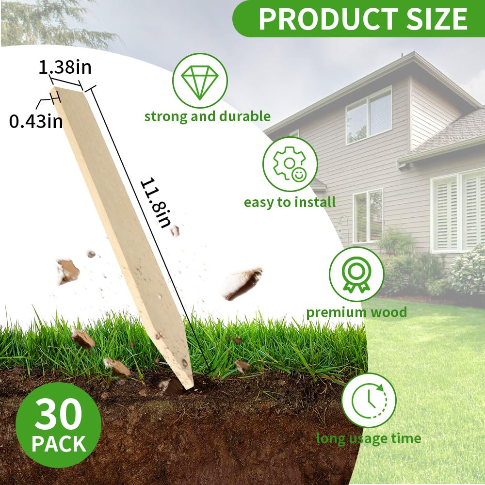 Layrslot 30 Pcs 12 Inch Wooden Garden Stakes, Wooden Stakes for Signs, Grade and Survey Stakes for Plant Support, Silt Fence, Farm Survey Boundaries, Baselines