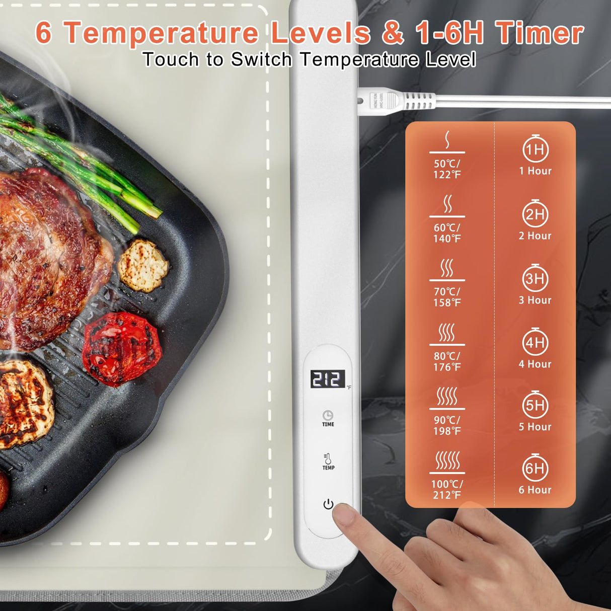 FYY Extra Large Warming Mat for Food with Heat Resistant Pad, Prevent Countertop Cracks, Keep Meal Warm, Rapid and Full Surface Heating, 6 Temp Settings, 6H Timer, Rollable Portable Food Warmer Khaki