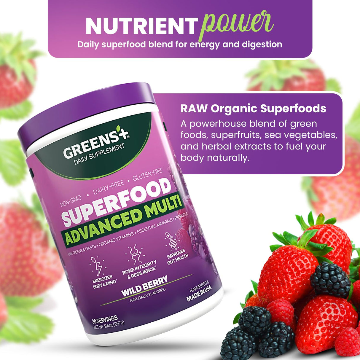 Greens+ Advanced Multi Wild Berry Superfood Powder, Organic Blend, Vegan, Non-GMO, Soy-Free, Dairy-Free, Gluten-Free, Dietary Supplement with Vitamins & Minerals, 9.4 oz