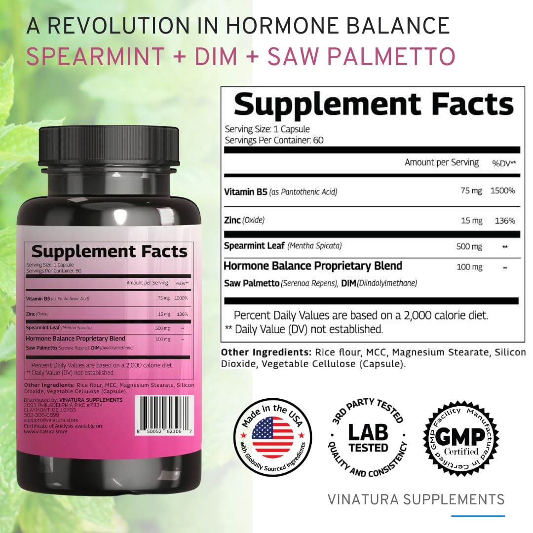 VINATURA Spearmint Leaf Capsules Supplement - Enhanced with DIM & Saw Palmetto, for Unwanted Hair, Women' Health & Skin *USA Made & Tested* - 1380mg/serving, 60 Capsules (30 Servings)