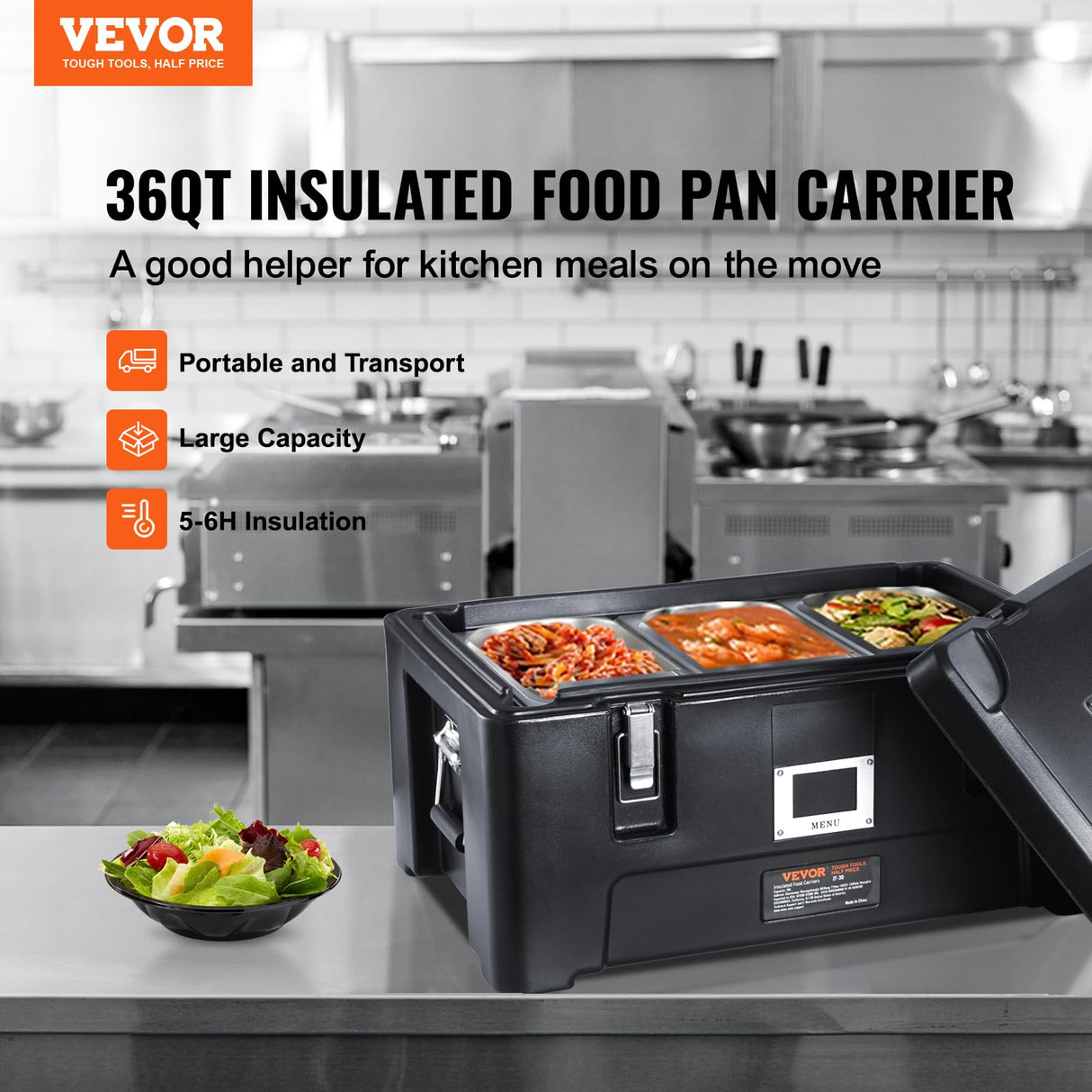 VEVOR Insulated Food Pan Carrier, 36Qt Capacity, Stackable Hot Box for catering w/ 3 Stainless Steel Pans, Top Load LLDPE Food Warmer w/Elastic Side Handles and Buckles, for Restaurant Canteen, Black