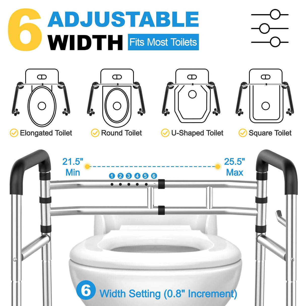 Toilet Safety Rails (380 lb) - Heavy Duty Stainless Steel Toilet Safety Frame with Handles - Adjustable Medical Toilet Stand Alone Support for Elderly Seniors Handicap & Disabled - Fits Most Toilets