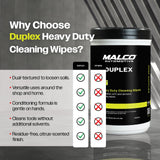 Malco Duplex Heavy Duty Cleaning Wipes for Home and Auto - Dual Sided Textured, Wet Wipe/Removes Grease, Tar, Paint, Oil, Dirt/No Residue/Safe for Hands/Made in USA (130 Wipes)